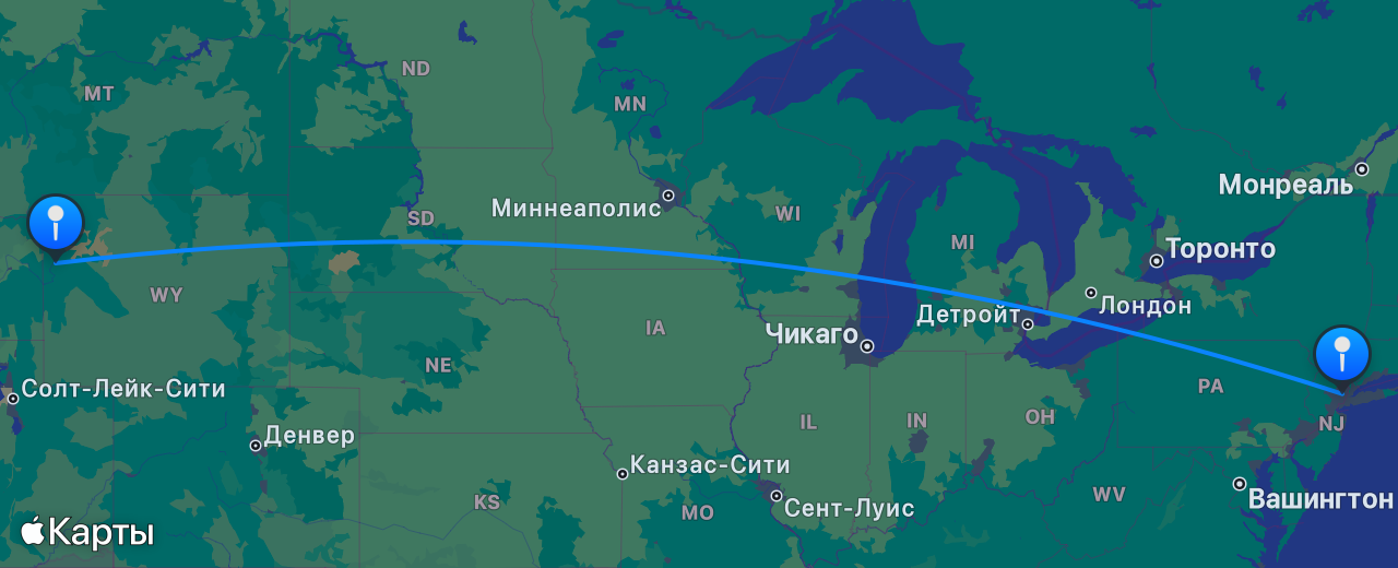 Карта перелёта Джексон-Хоул — Нью-Йорк