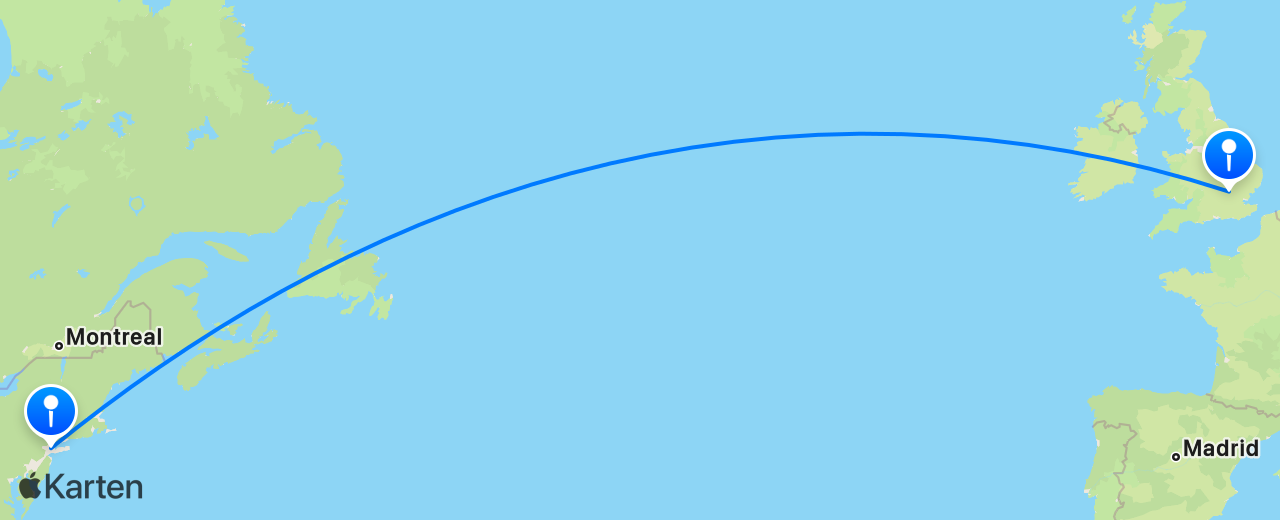 Karte des Flugs von London nach New York
