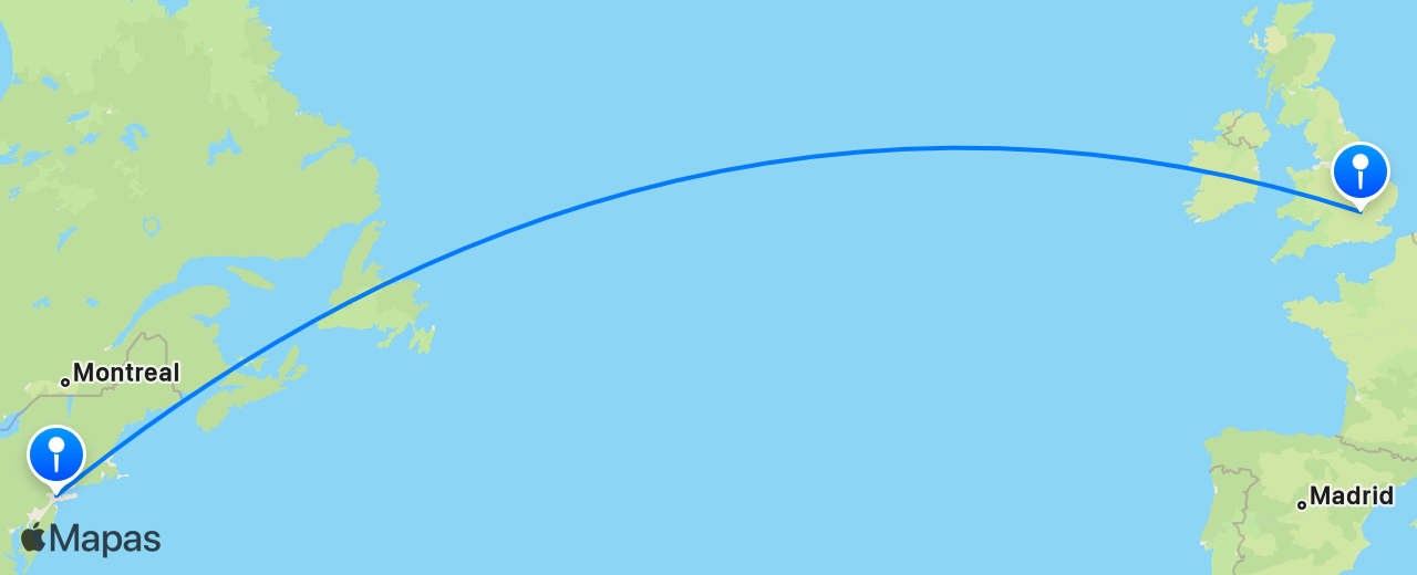 Mapa del vuelo de Londres a Nueva York