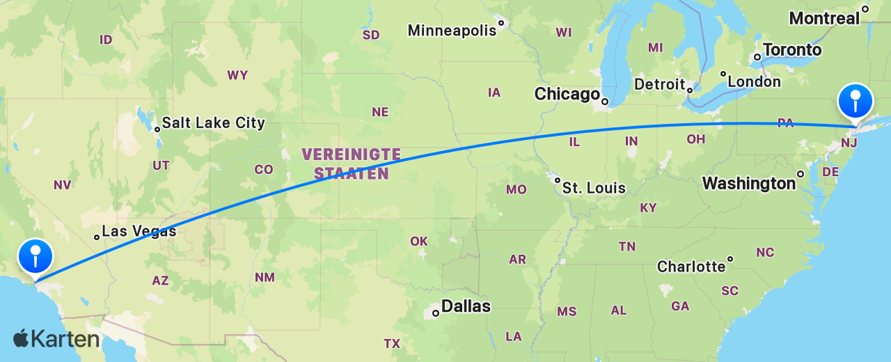 Karte des Flugs von New York nach Los Angeles