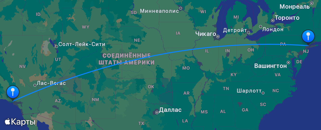 Карта перелёта Нью-Йорк — Лос-Анджелес