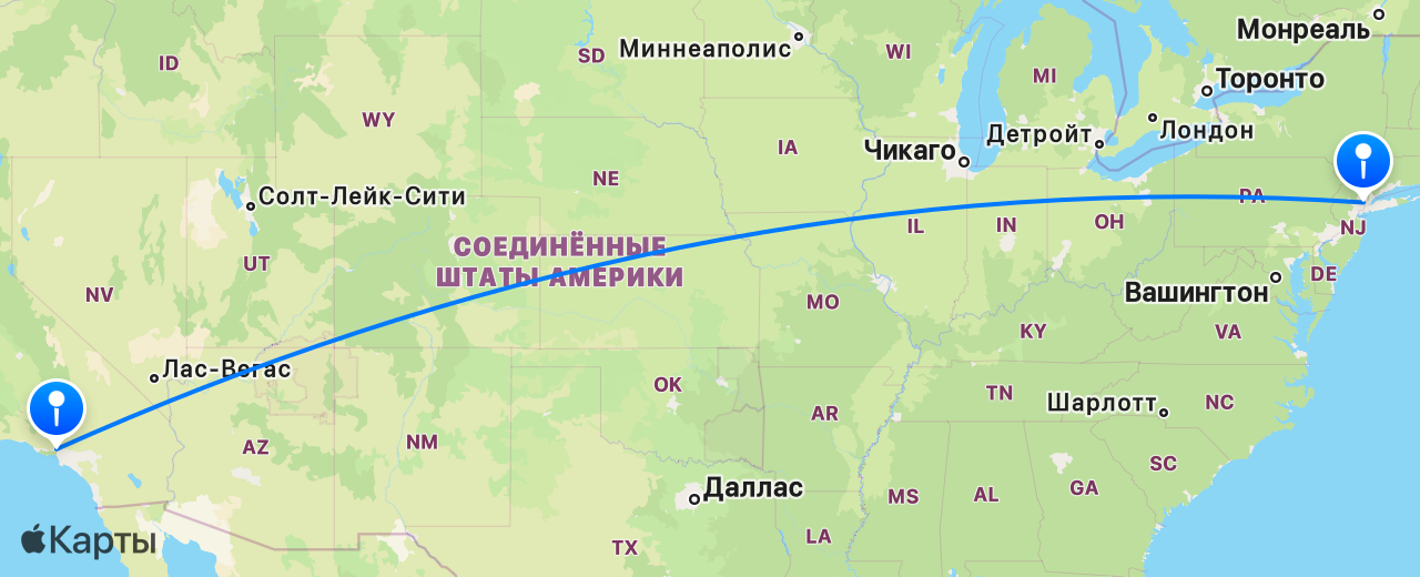 Карта перелёта Нью-Йорк — Лос-Анджелес