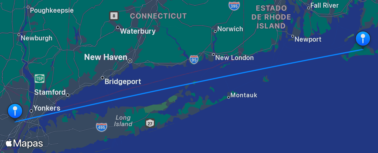 Mapa del vuelo de Martha's Vineyard a Nueva York