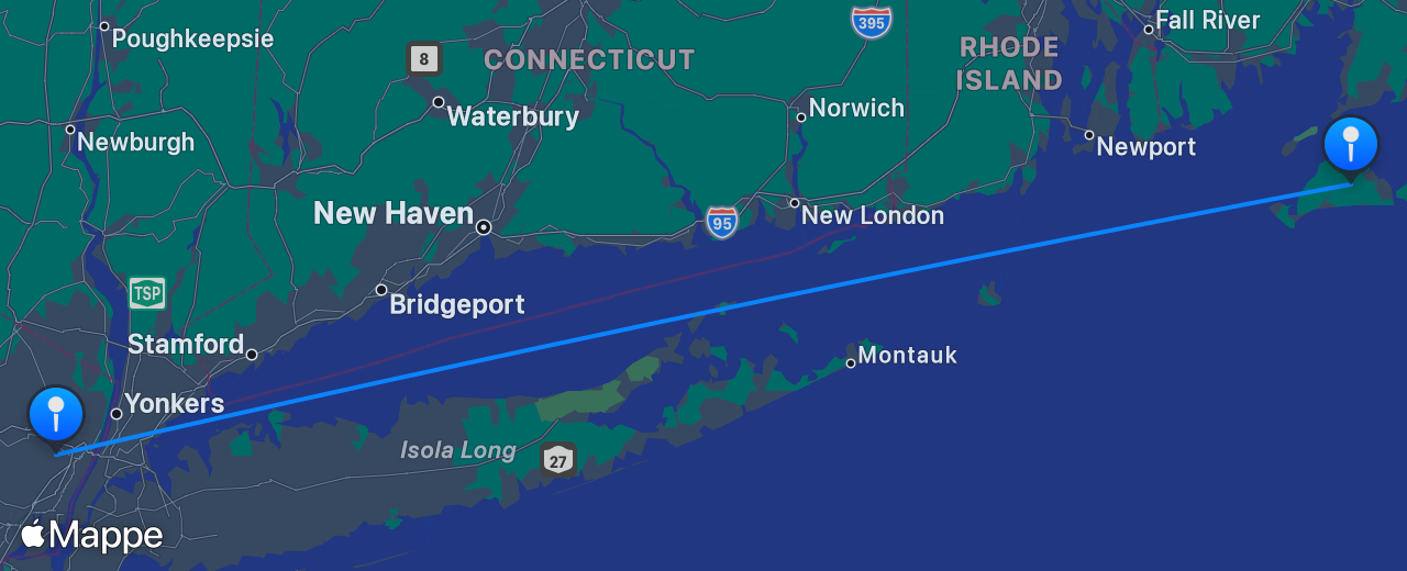 Mappa del volo da Martha's Vineyard a New York