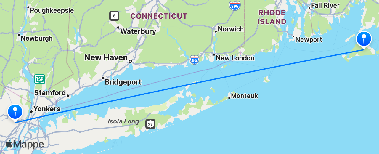 Mappa del volo da Martha's Vineyard a New York