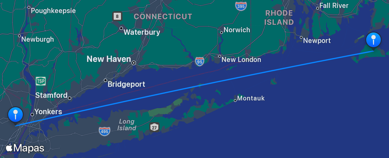 Mapa do voo de Nova York para Martha's Vineyard