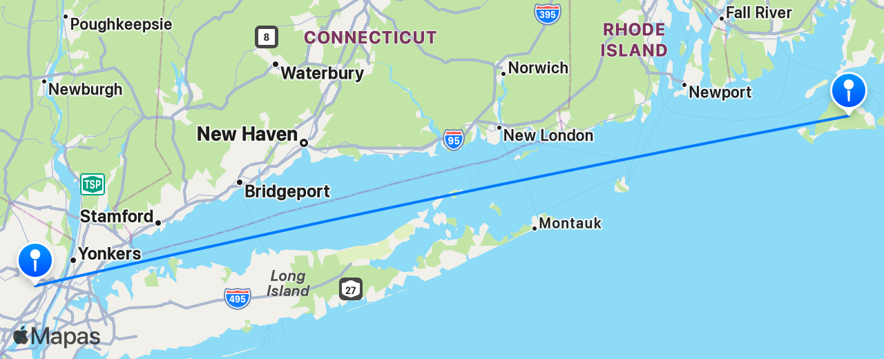 Mapa do voo de Nova York para Martha's Vineyard