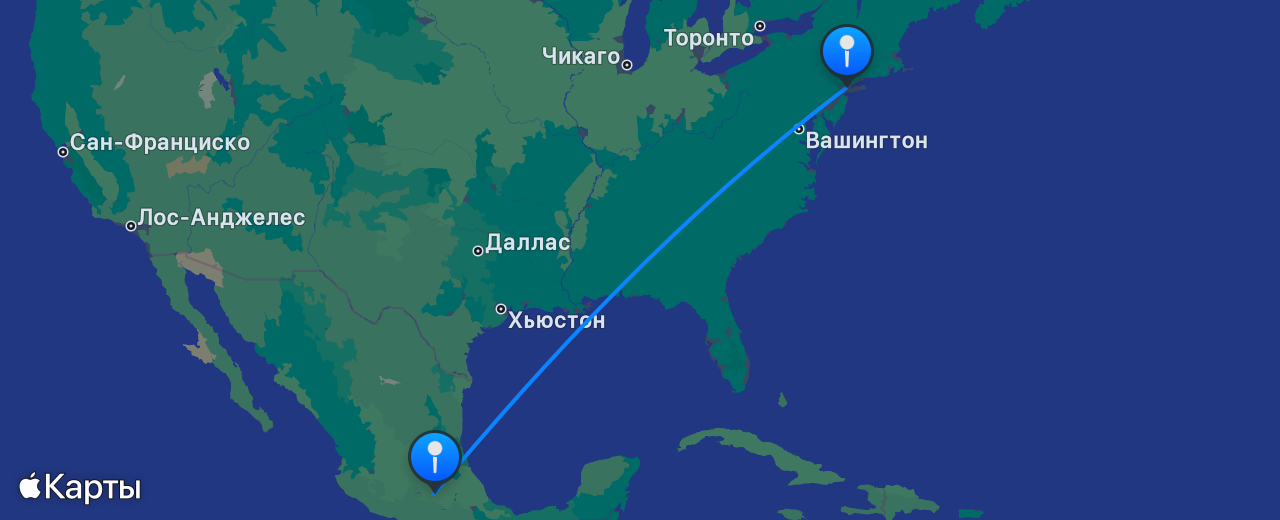 Карта перелёта Мехико — Нью-Йорк