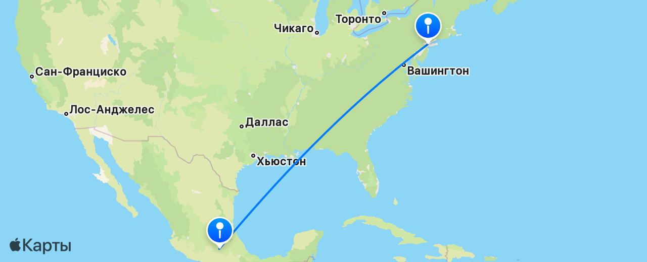 Карта перелёта Мехико — Нью-Йорк