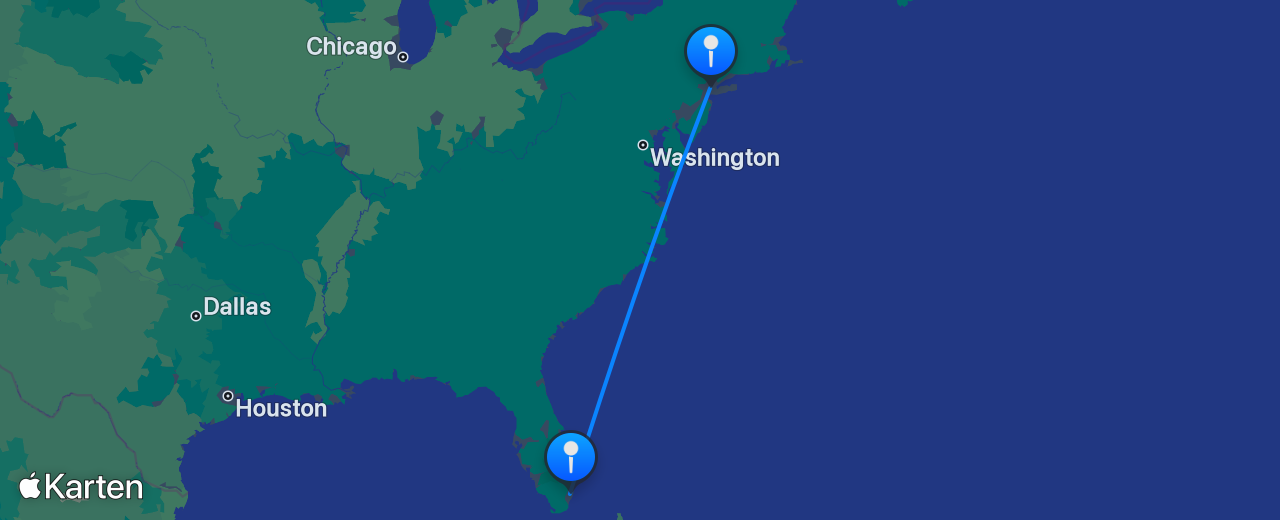 Karte des Flugs von New York nach Miami