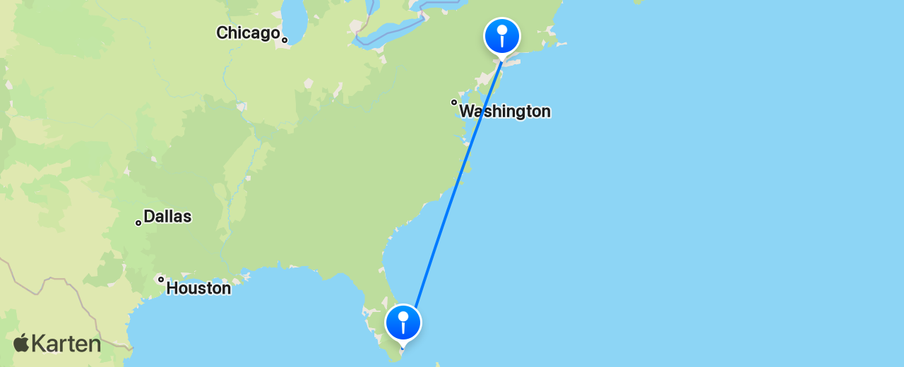 Karte des Flugs von New York nach Miami