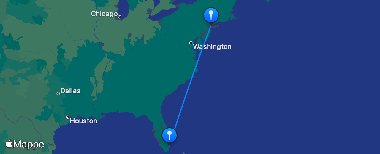 Mappa del volo da New York a Miami