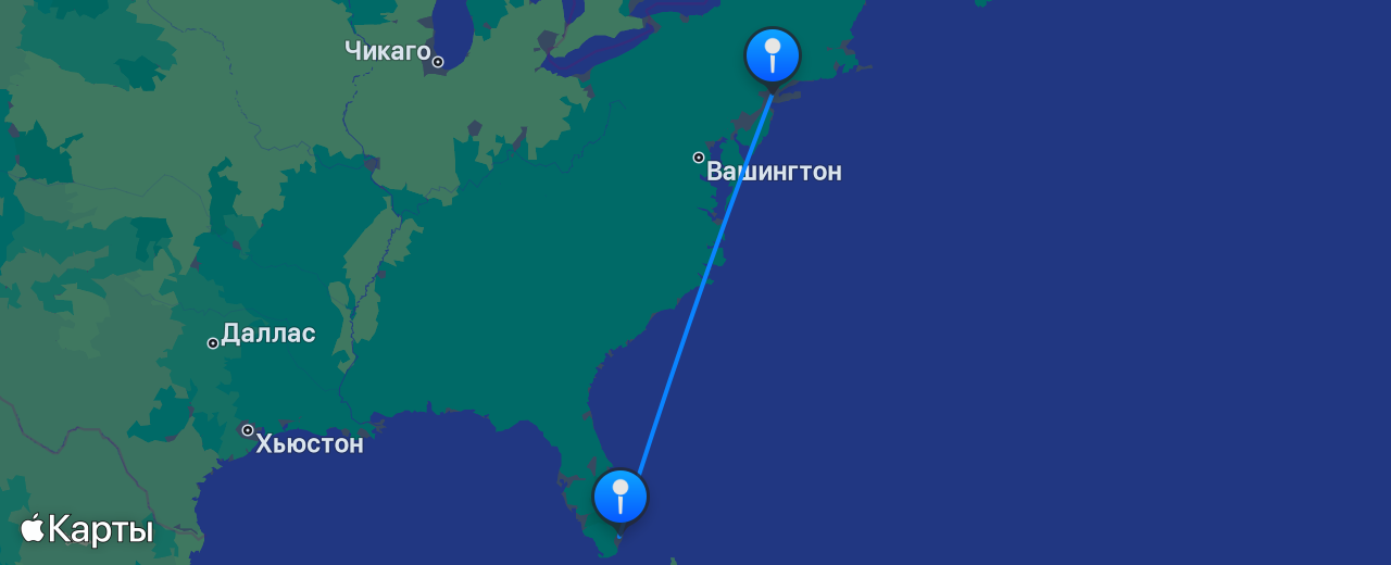 Карта перелёта Нью-Йорк — Майами