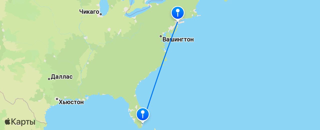 Карта перелёта Нью-Йорк — Майами