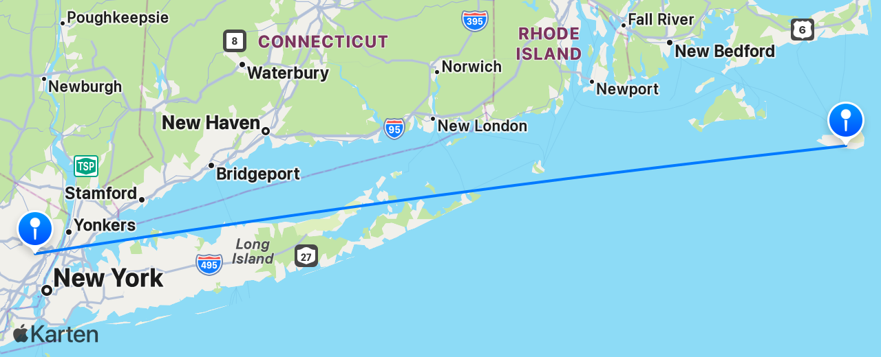 Karte des Flugs von Nantucket nach New York