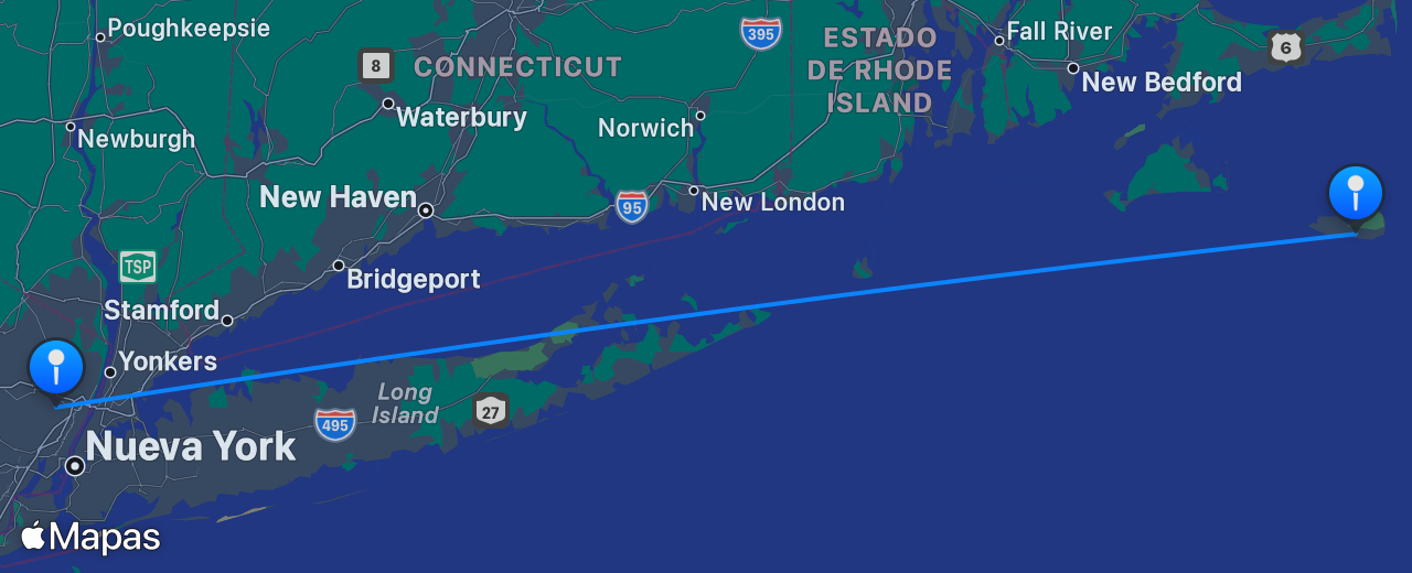 Mapa del vuelo de Nantucket a Nueva York