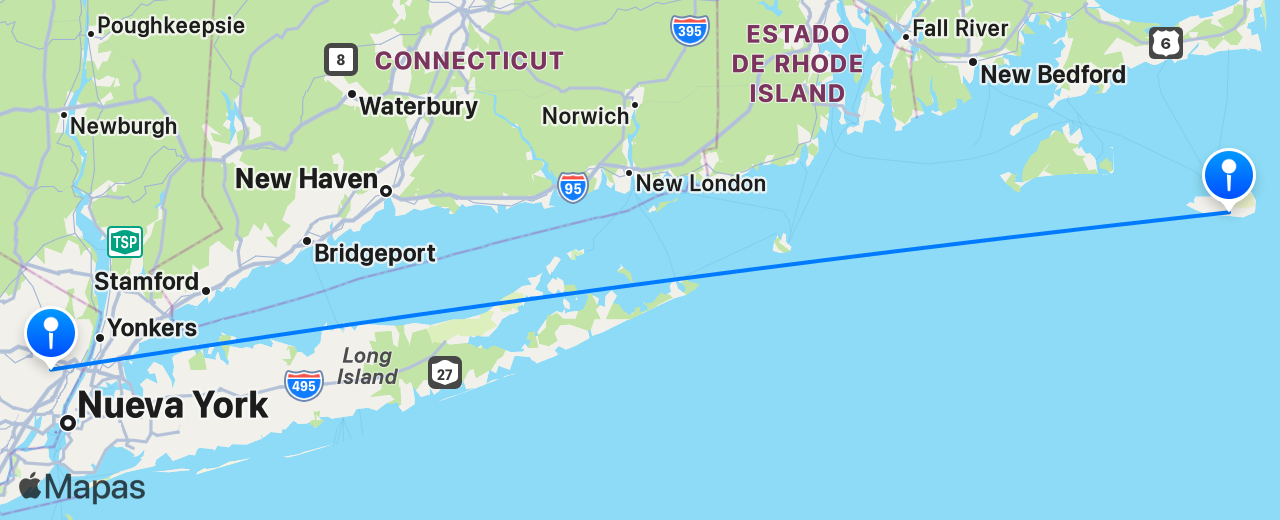 Mapa del vuelo de Nantucket a Nueva York