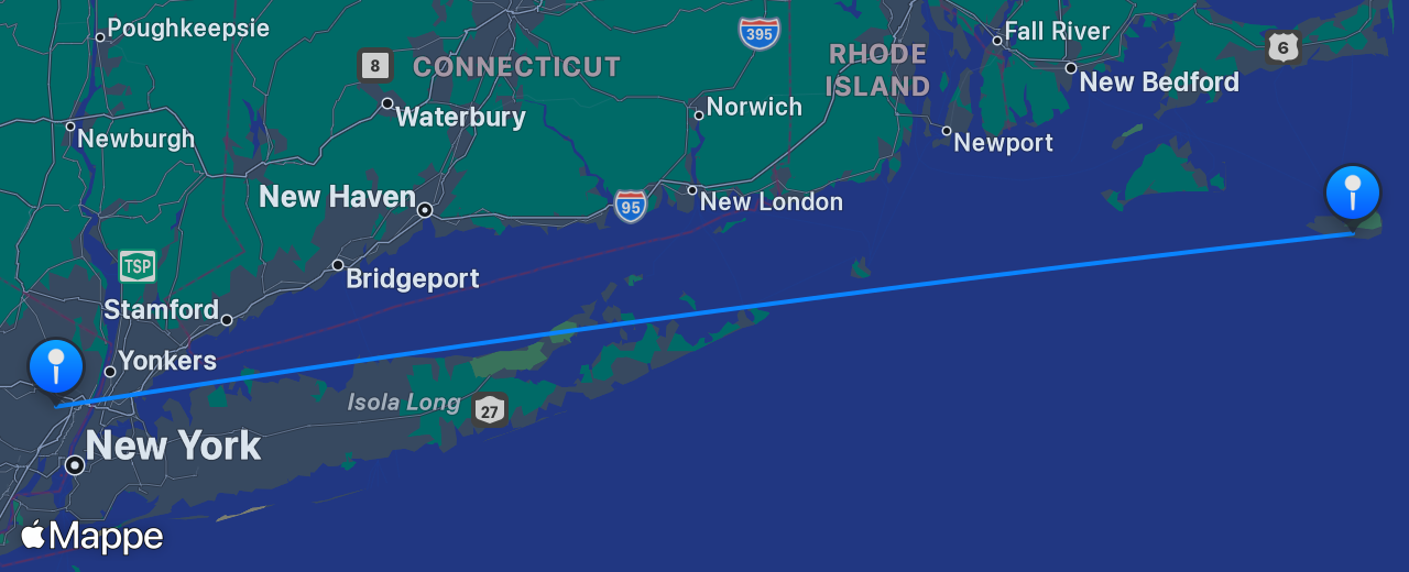 Mappa del volo da Nantucket a New York