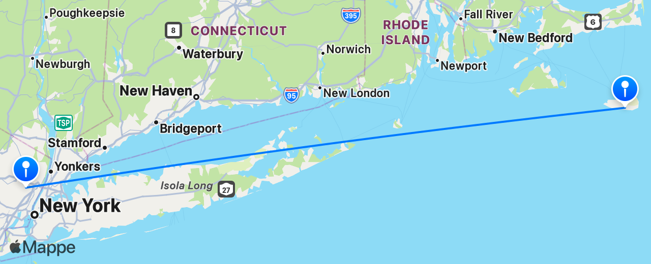 Mappa del volo da Nantucket a New York