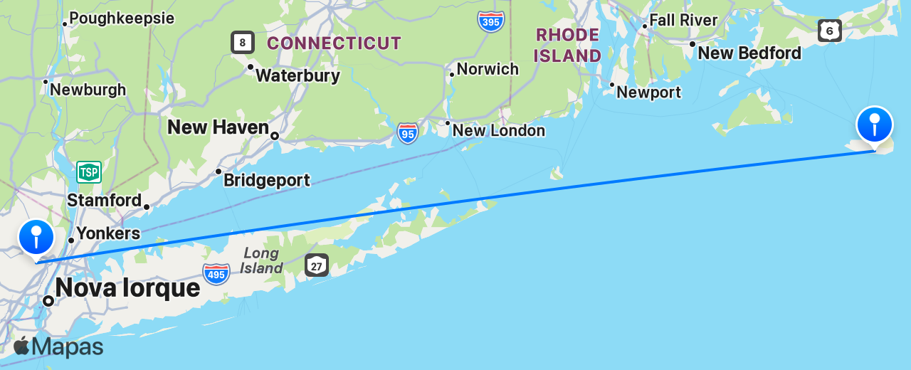 Mapa do voo de Nantucket para Nova York