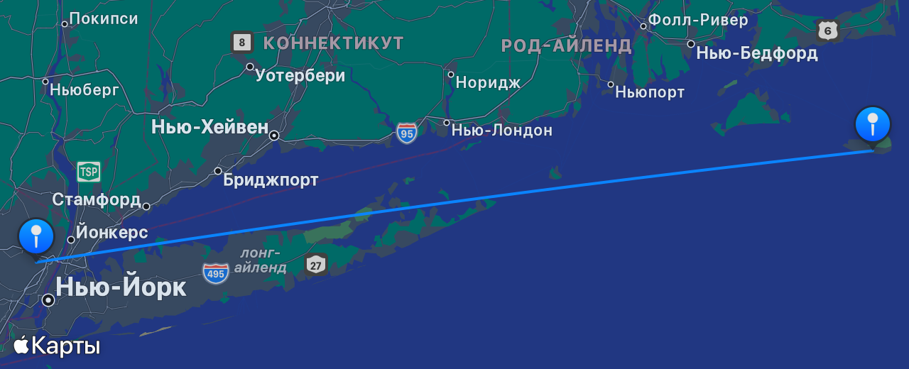 Карта перелёта Нантакет — Нью-Йорк