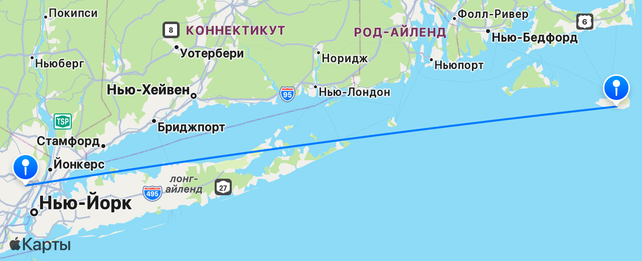 Карта перелёта Нантакет — Нью-Йорк