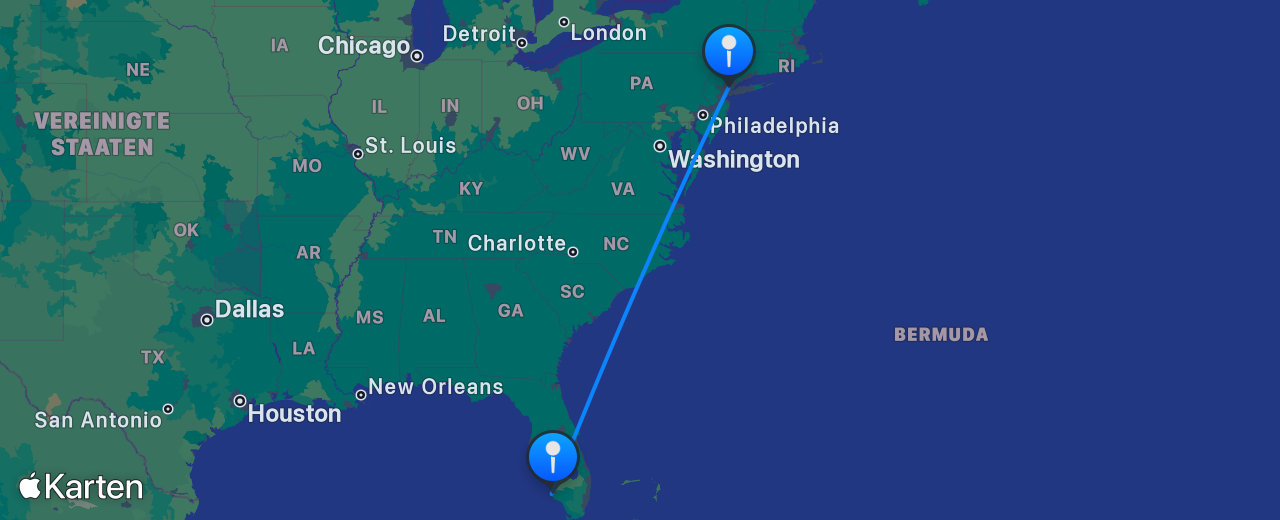 Karte des Flugs von New York nach Naples