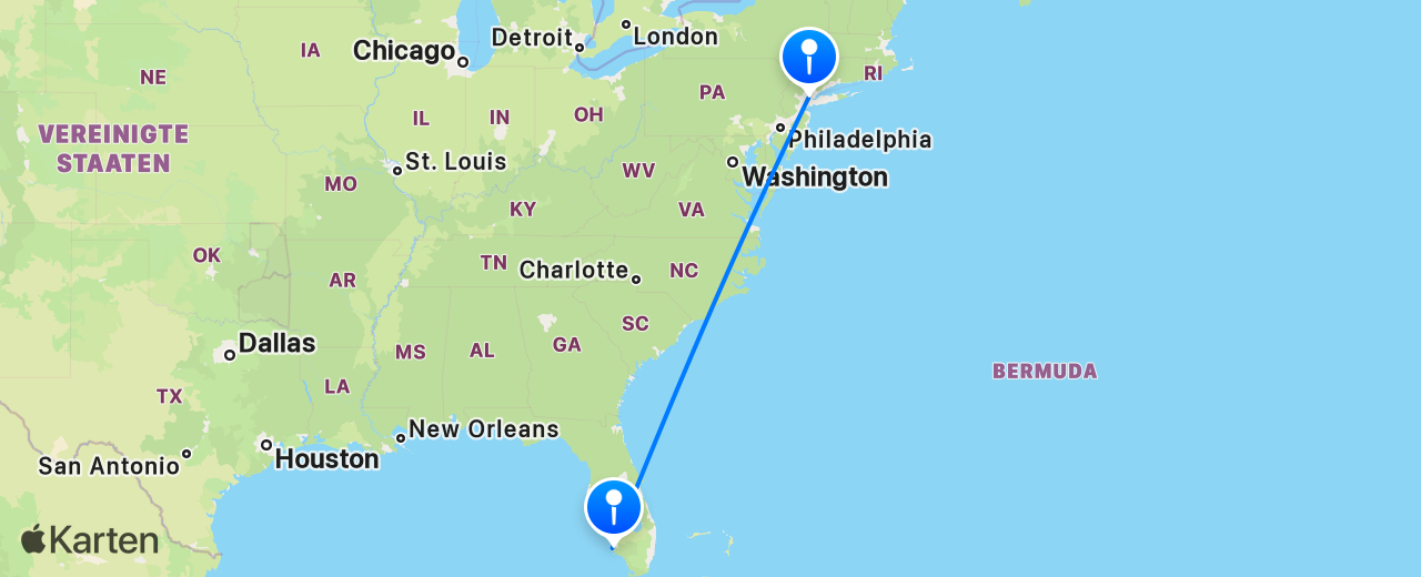 Karte des Flugs von New York nach Naples
