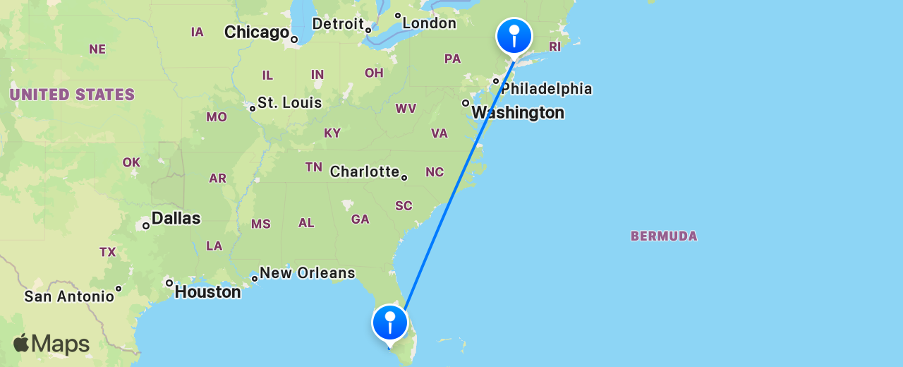 Map of the flight from Naples to New York