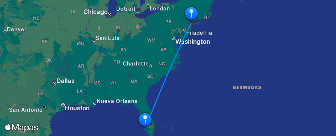 Mapa del vuelo de Naples a Nueva York