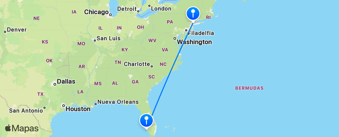 Mapa del vuelo de Naples a Nueva York