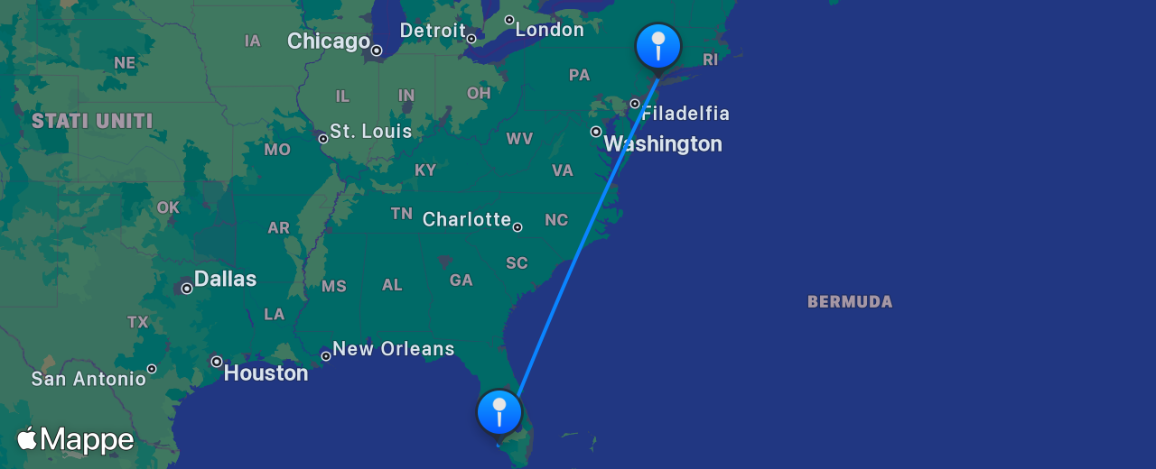 Mappa del volo da Naples a New York