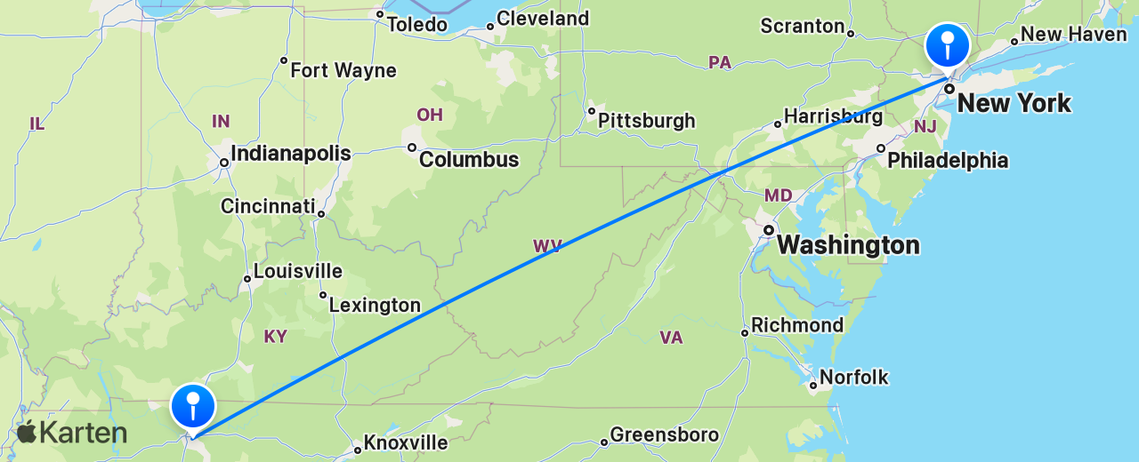 Karte des Flugs von Nashville nach New York