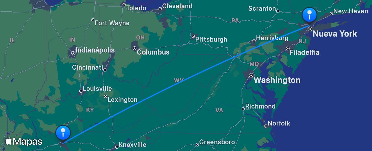 Mapa del vuelo de Nashville a Nueva York