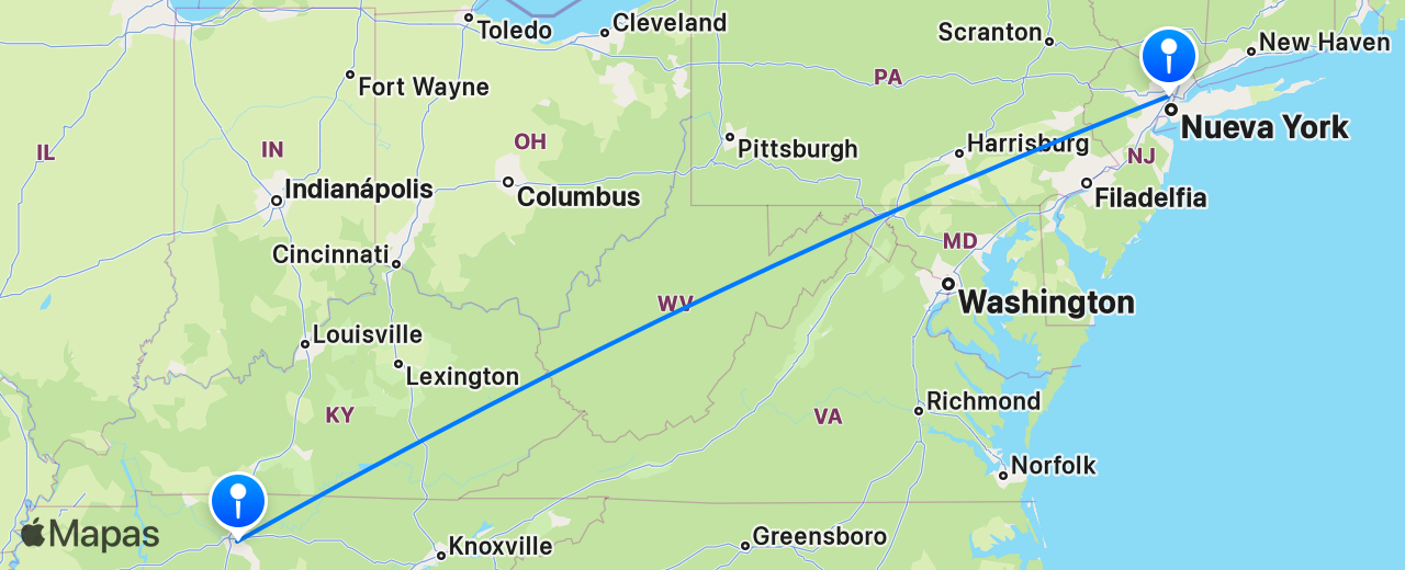 Mapa del vuelo de Nashville a Nueva York