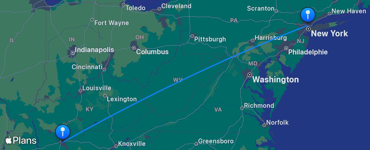 Carte du vol de Nashville vers New York