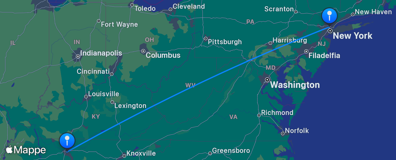 Mappa del volo da Nashville a New York