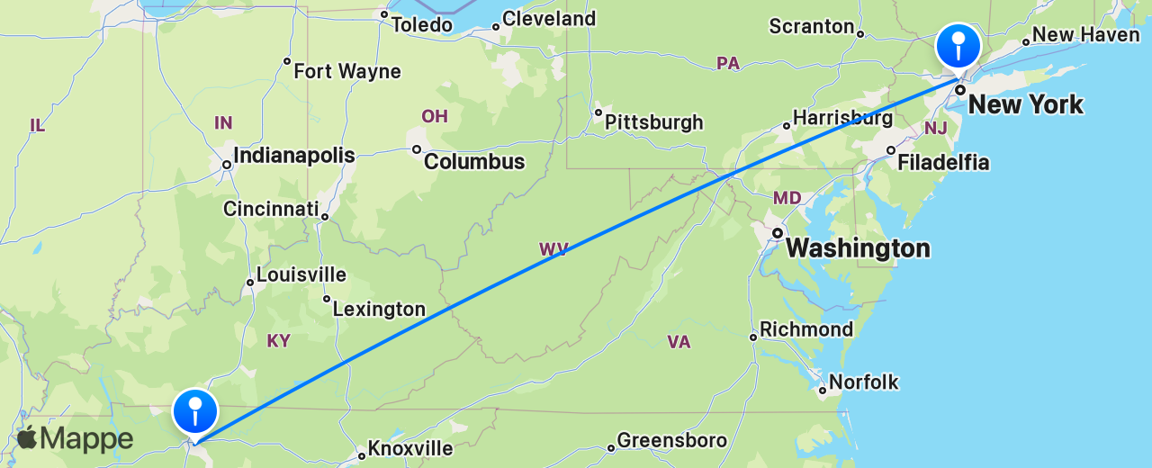 Mappa del volo da Nashville a New York