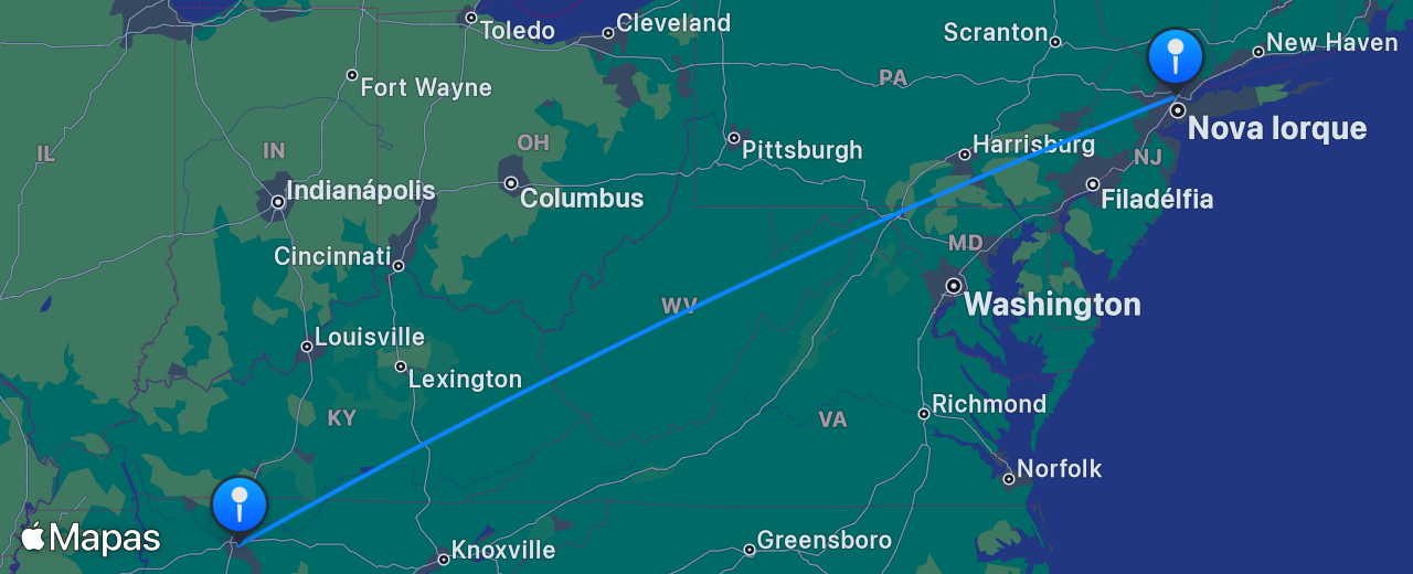 Mapa do voo de Nashville para Nova York