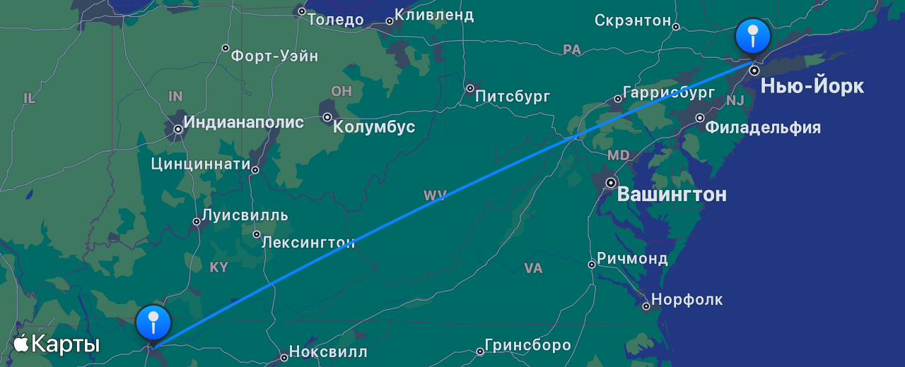 Карта перелёта Нашвилл — Нью-Йорк
