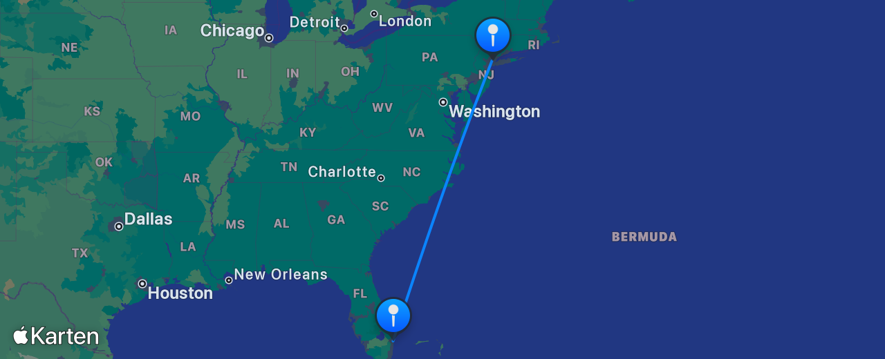Karte des Flugs von New York nach Palm Beach