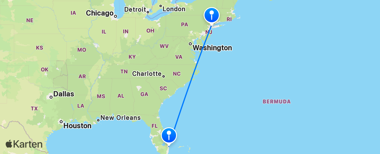 Karte des Flugs von New York nach Palm Beach