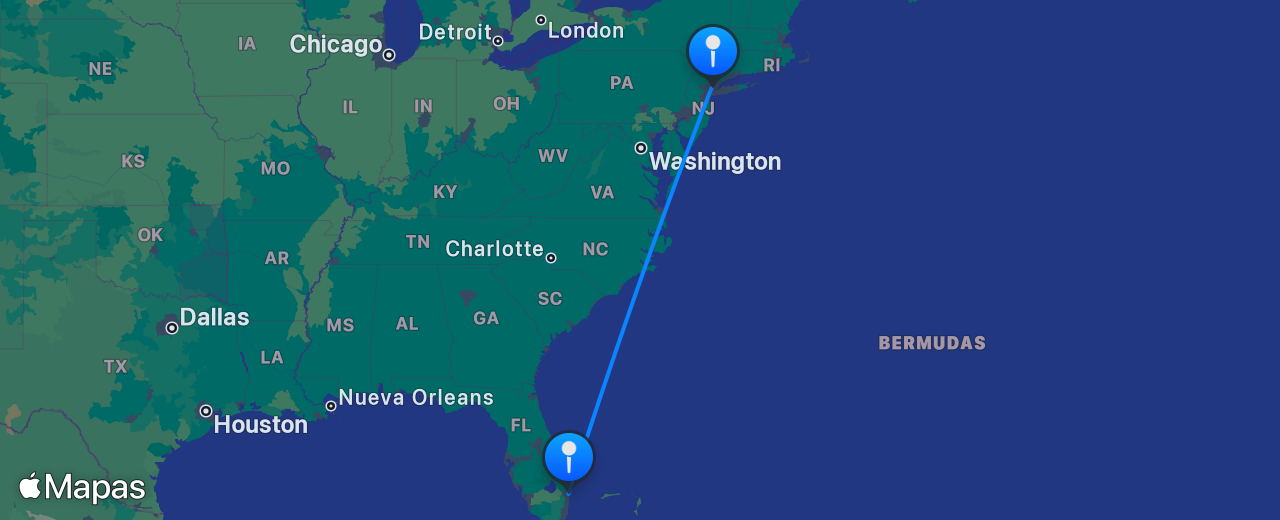 Mapa del vuelo de Nueva York a Palm Beach