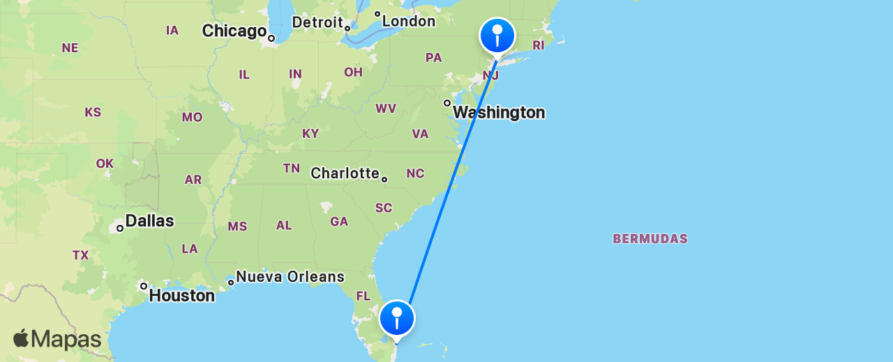 Mapa del vuelo de Nueva York a Palm Beach