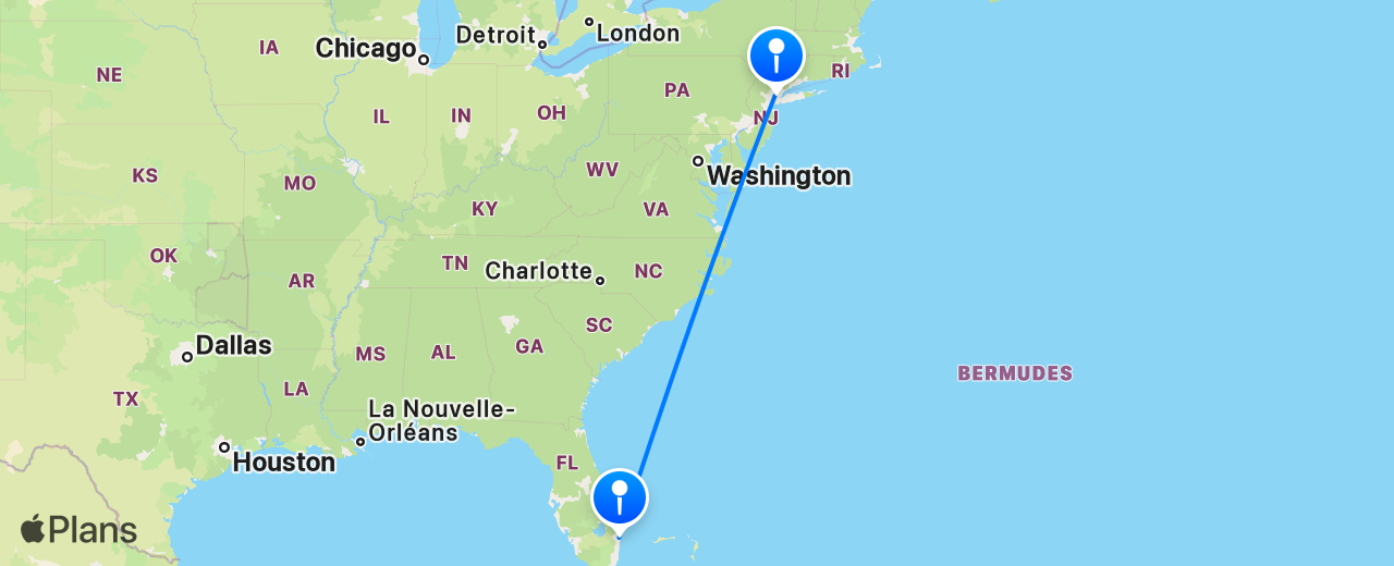 Carte du vol de New York vers Palm Beach