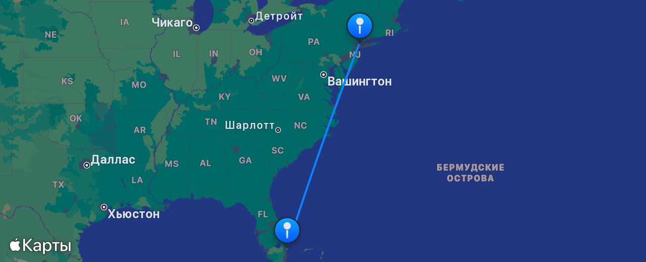 Карта перелёта Нью-Йорк — Палм-Бич
