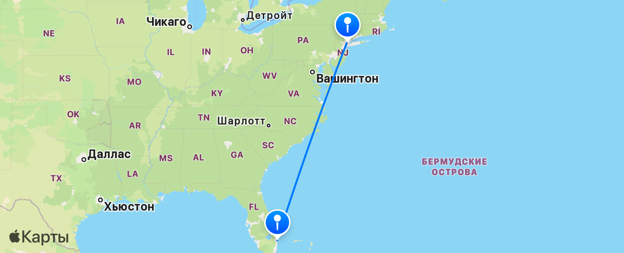 Карта перелёта Нью-Йорк — Палм-Бич