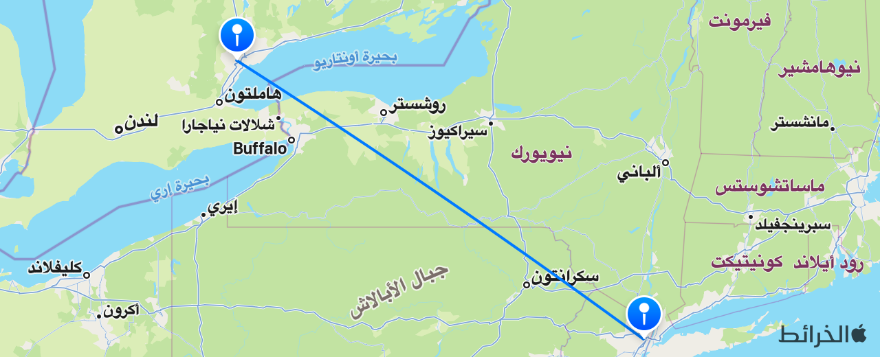 خريطة الرحلة من نيويورك إلى تورونتو