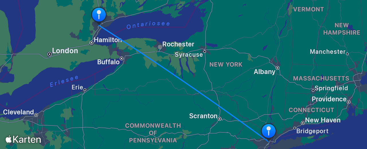 Karte des Flugs von New York nach Toronto
