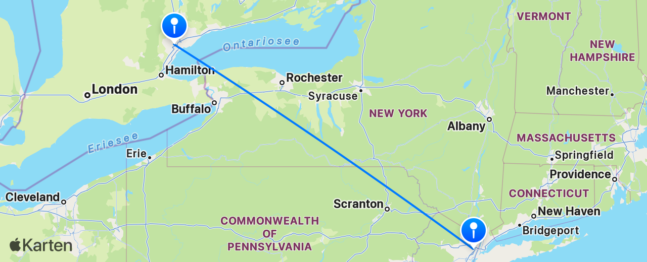Karte des Flugs von New York nach Toronto